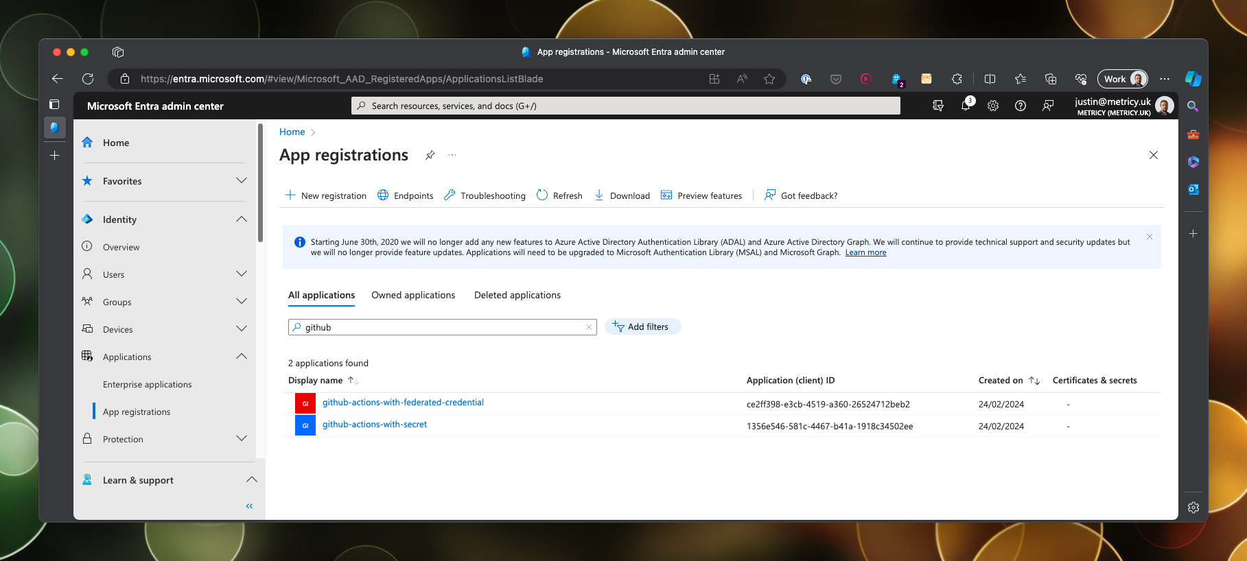 Two service principals are listed as app registrations in Entra Administrator