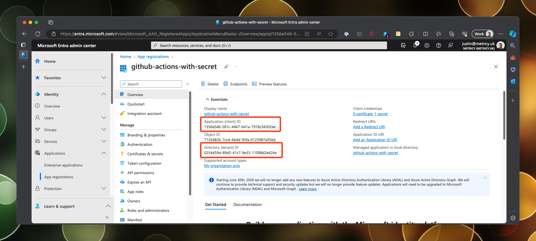 The client ID and tenant ID are displayed in the overview of the service principal in Microsoft Entra Administrator