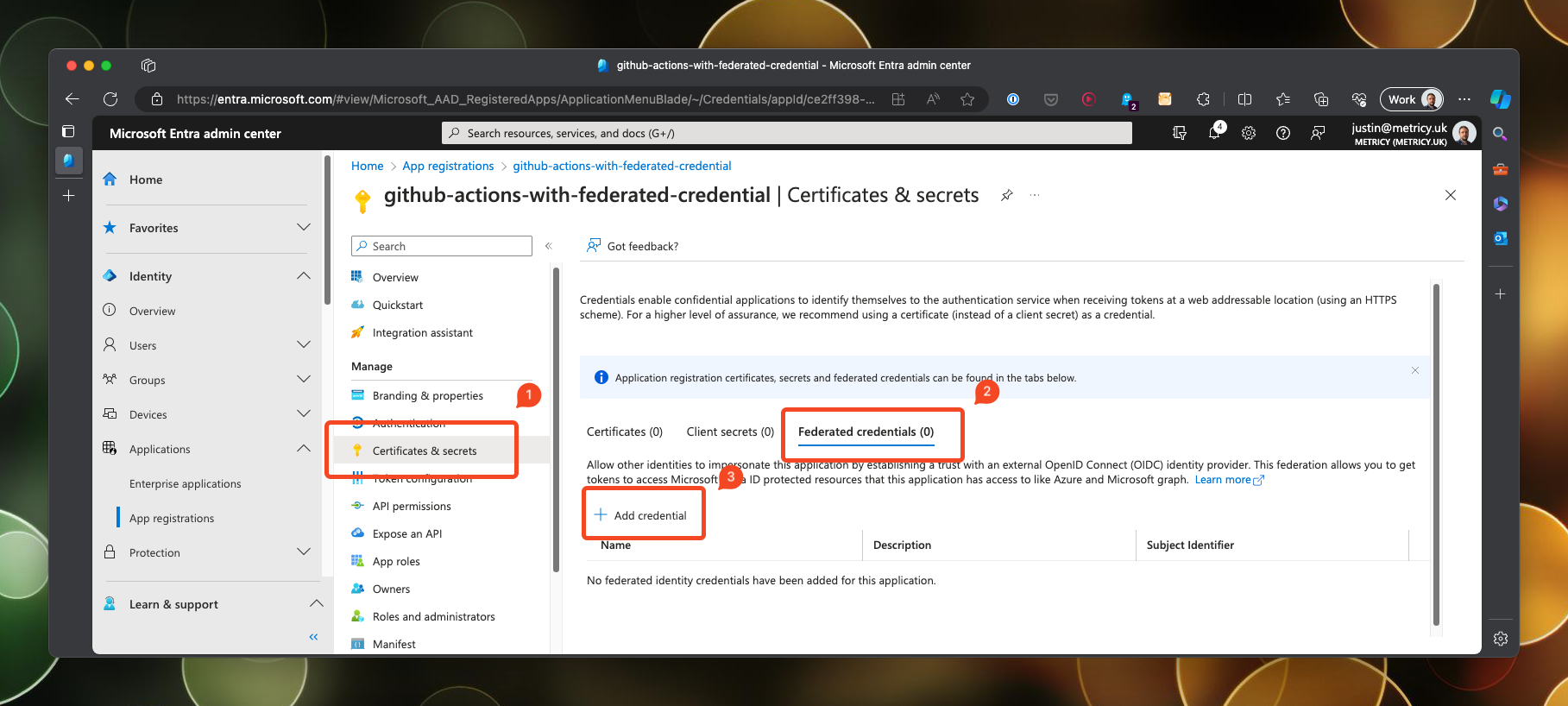 Creating a new federated credential for a service principal in Entra Administrator