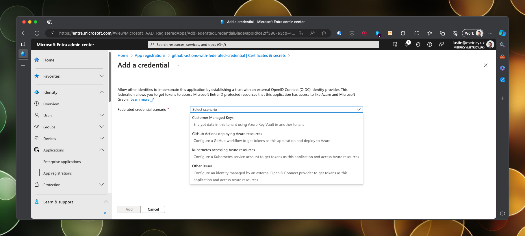 Selecting the scenario for the federated credential in Entra Administrator