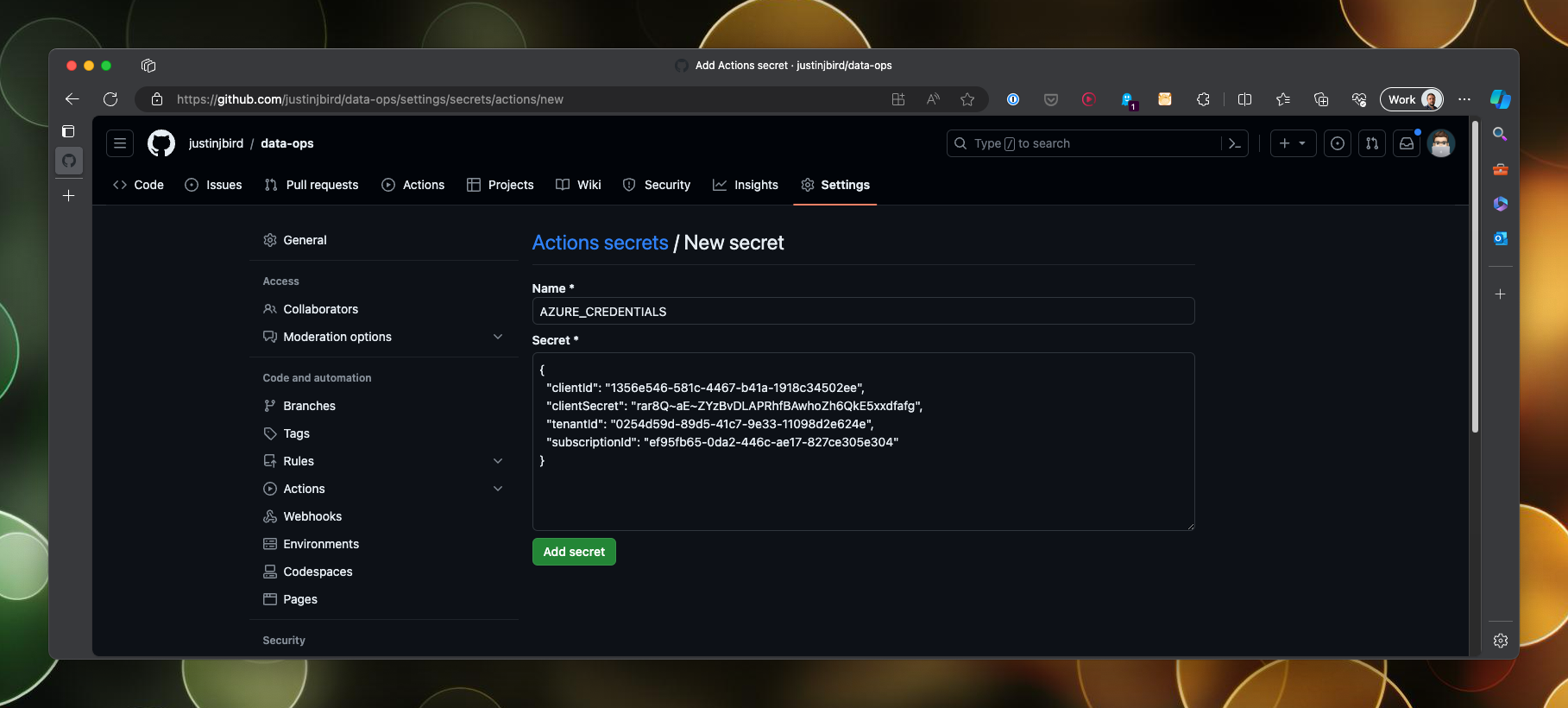 Creating a new secret in Github