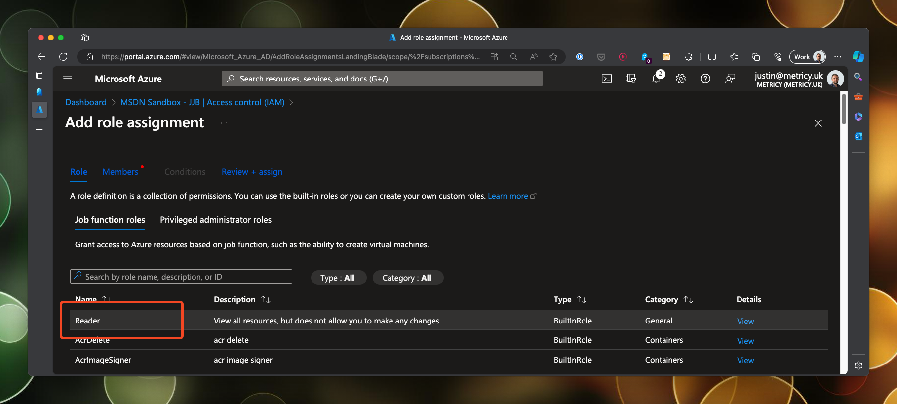 Selecting the reader role for a service principal in Microsoft Entra Administrator