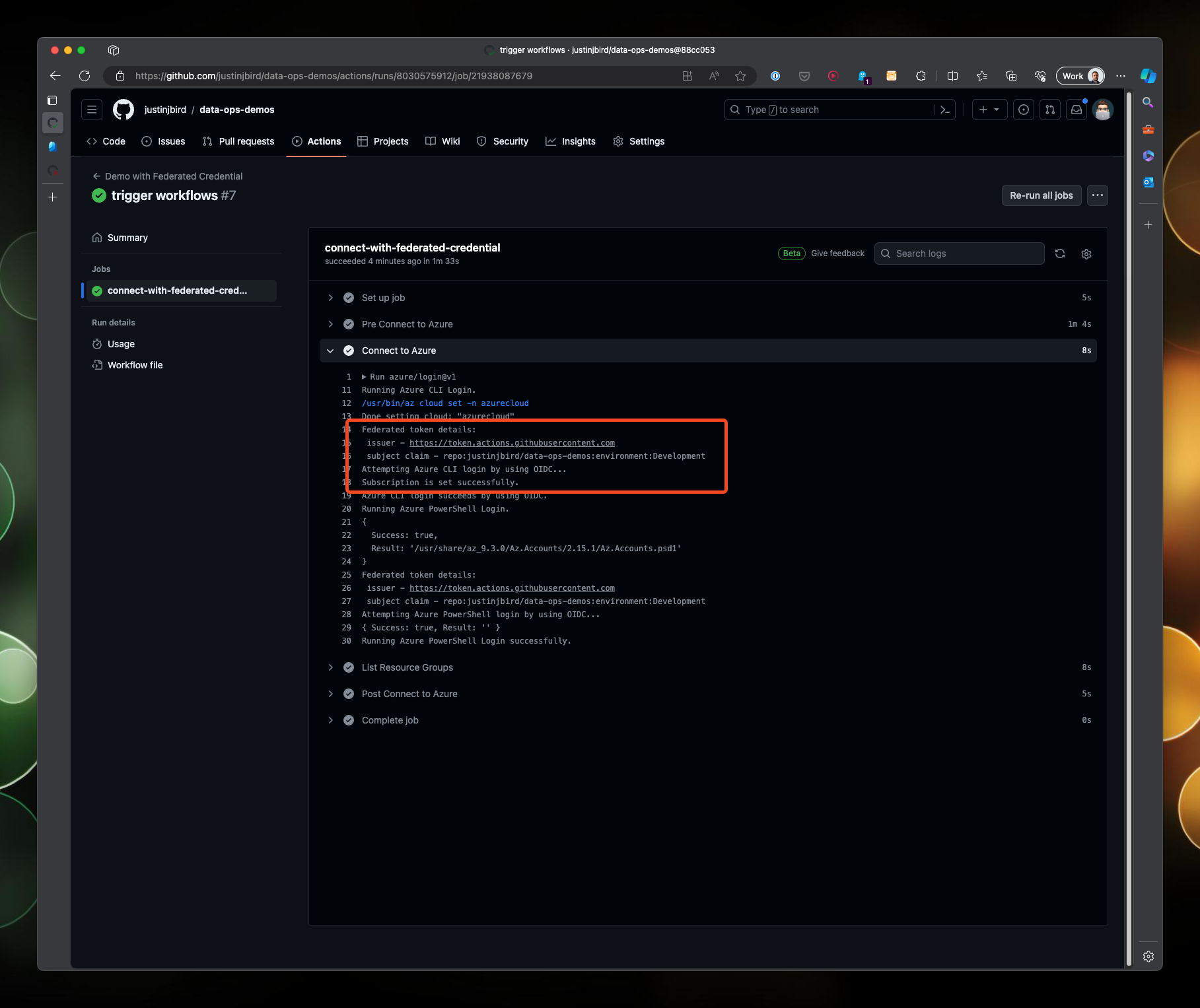 The output of the workflow in the actions tab of the repository