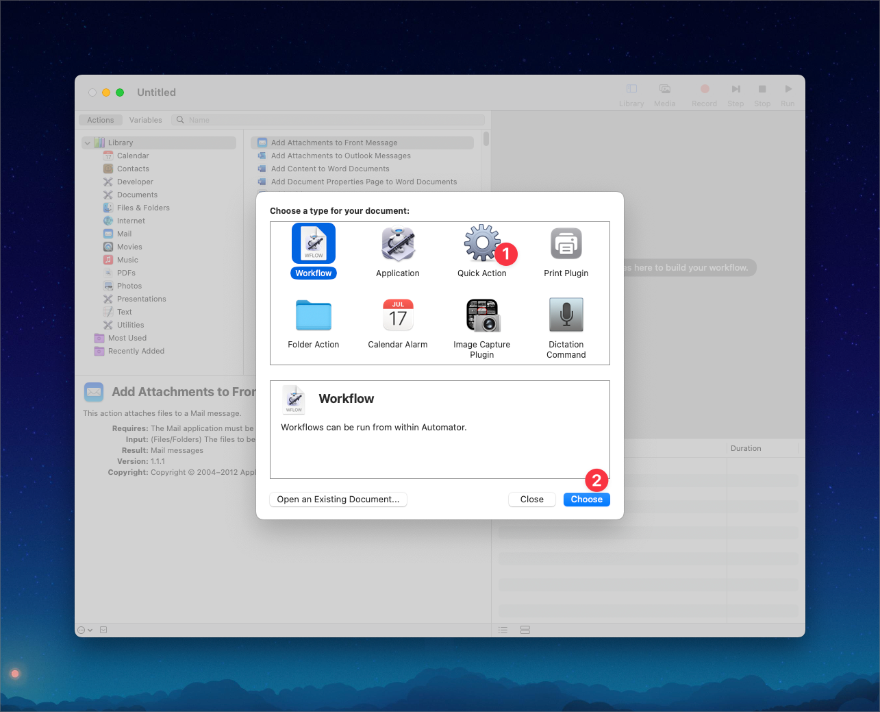 image shows a context window that says 'choose a type for your document' there are eight options, one of which is quick action