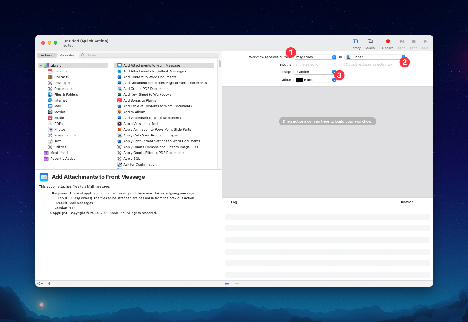 the image shows the editor, there are a list of available actions and the workflow pane is currently empty.