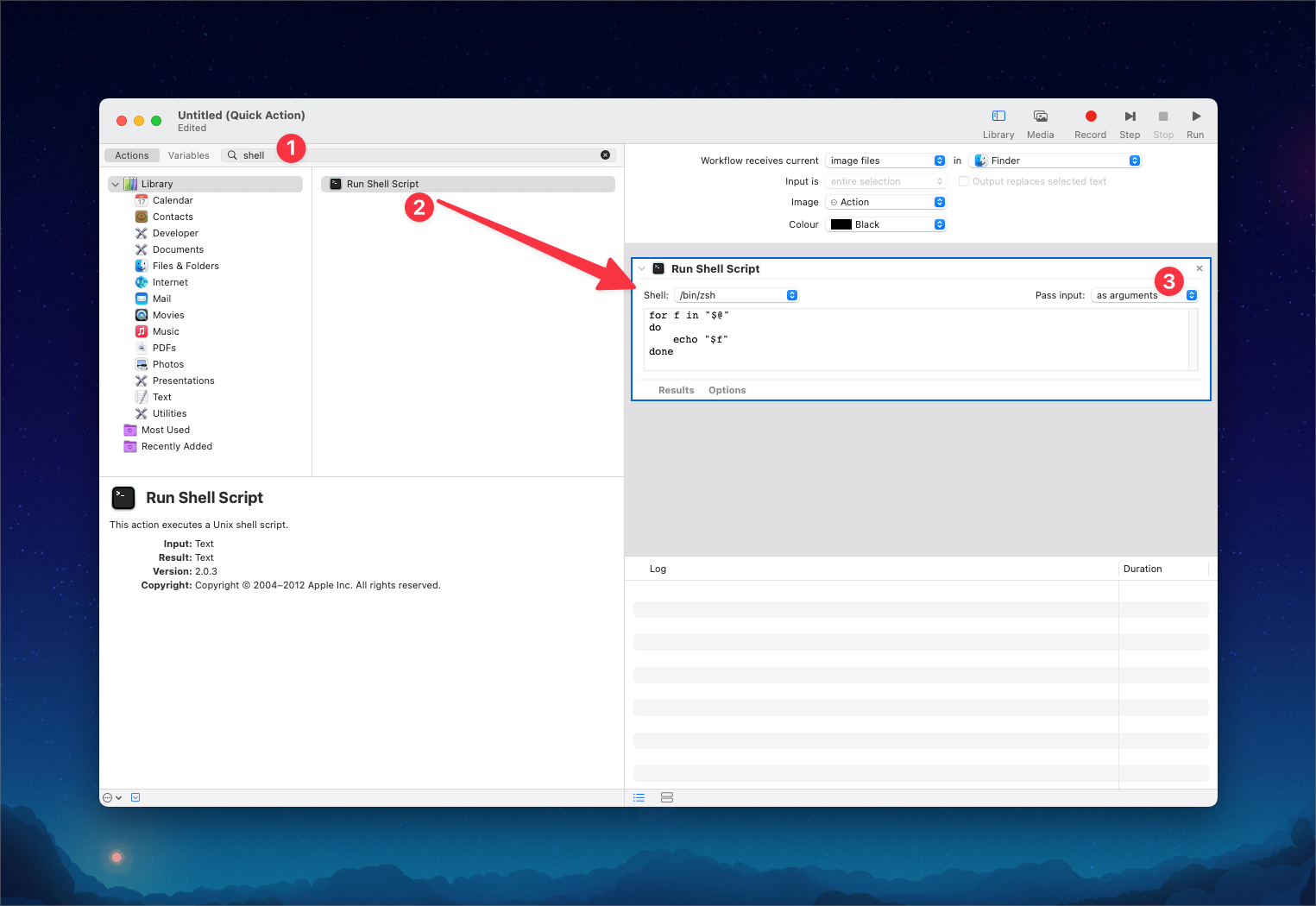 the image shows the action pane filtered by the word 'shell' editor, the 'run shell script' action has been dragged into the workflow pane