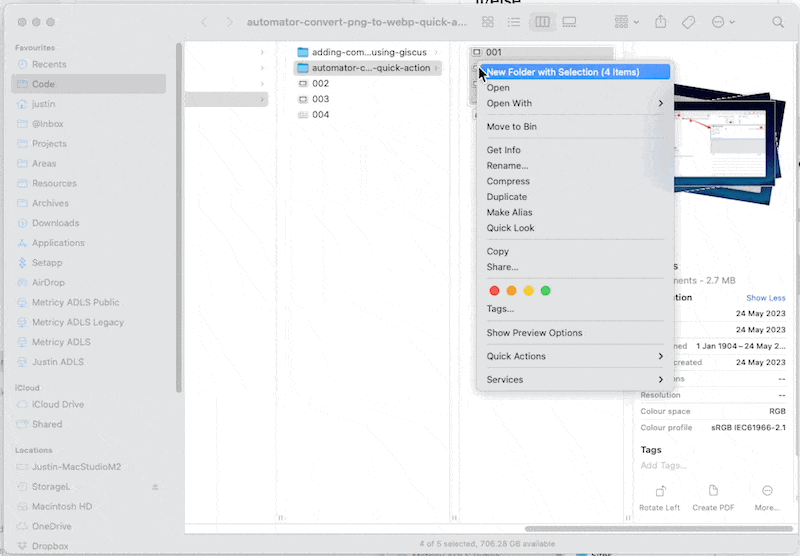 the gif shows four PNG files being selected and the workflow converting all four to WEBP then the PNG files disappear
