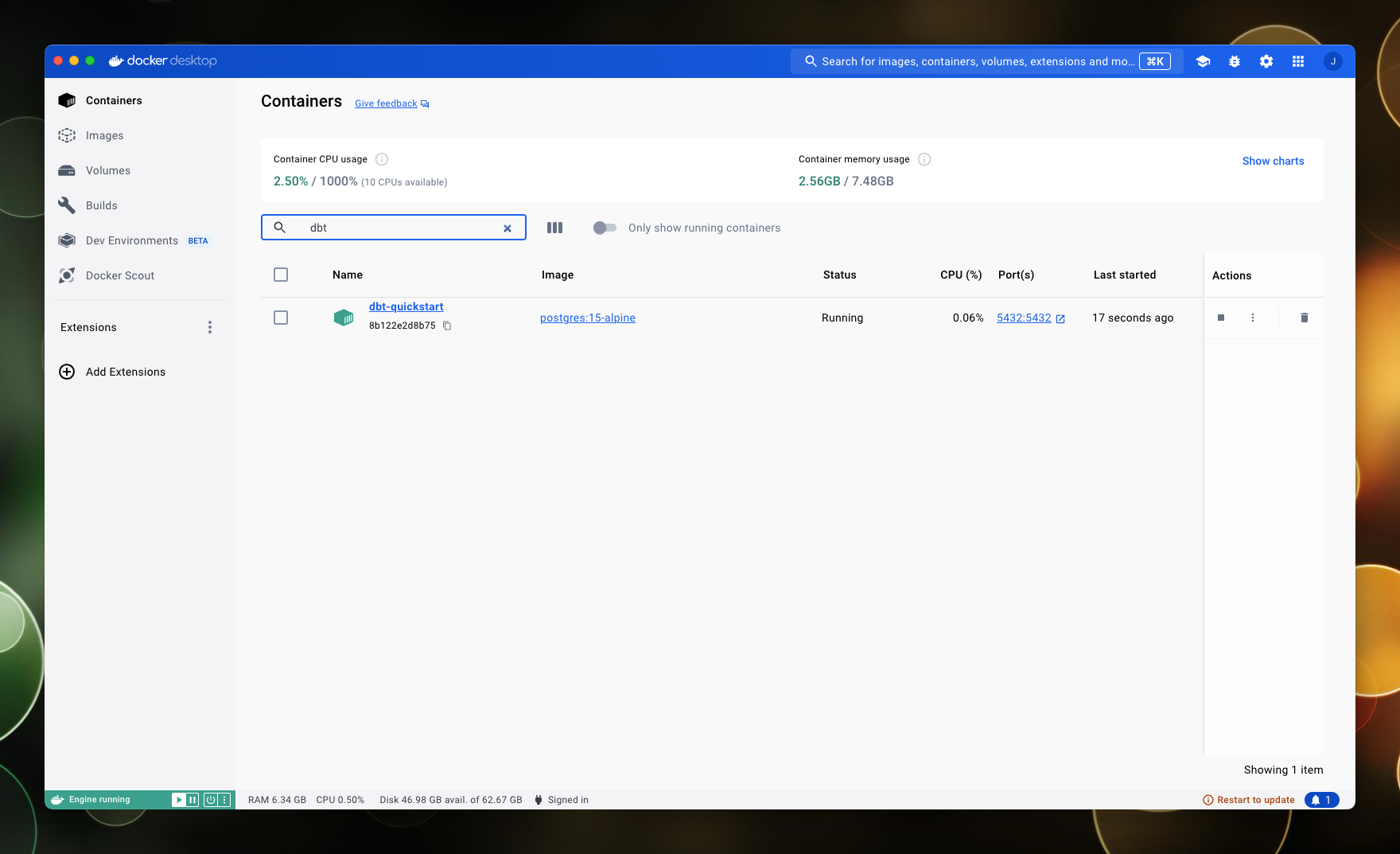 the screenshot shows the Docker dashboard, displaying a running container called dbt-quickstart, it also displays the image postgres:15-alpine and is listening on port 5432