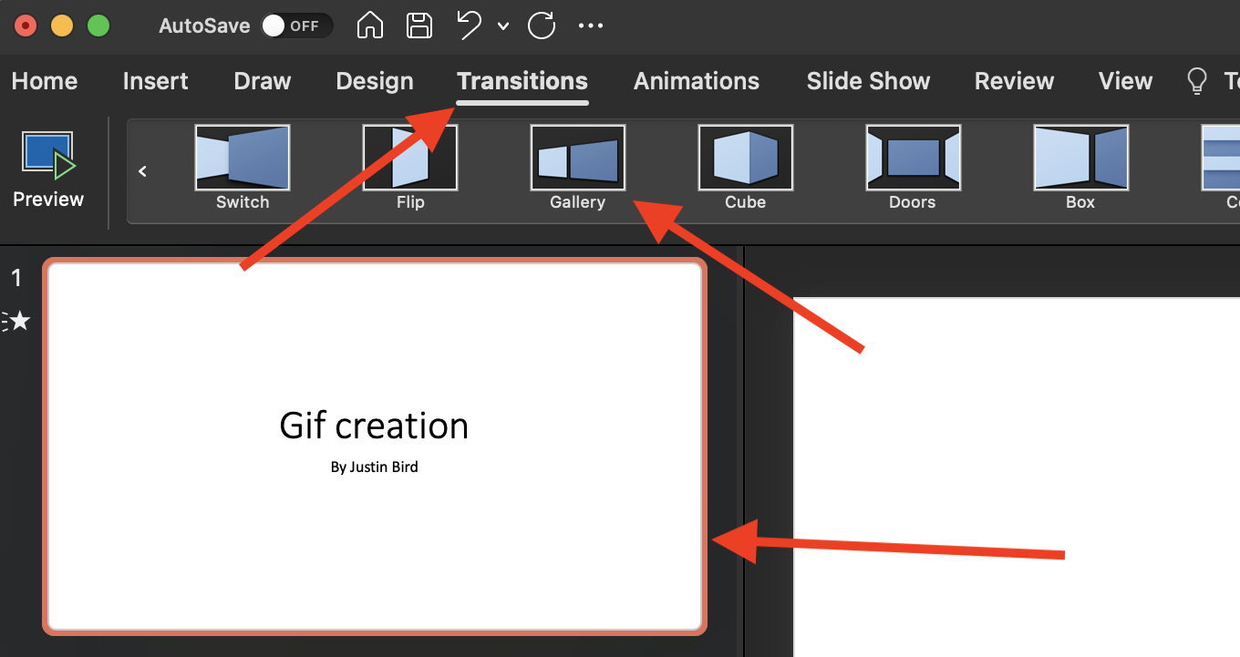 select the first slide, then the transition menu, then select the transition of your choice