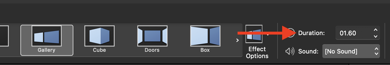 slide shows the duration setting for the chosen transition, in the image the gallery transition has a 1.6 second duration