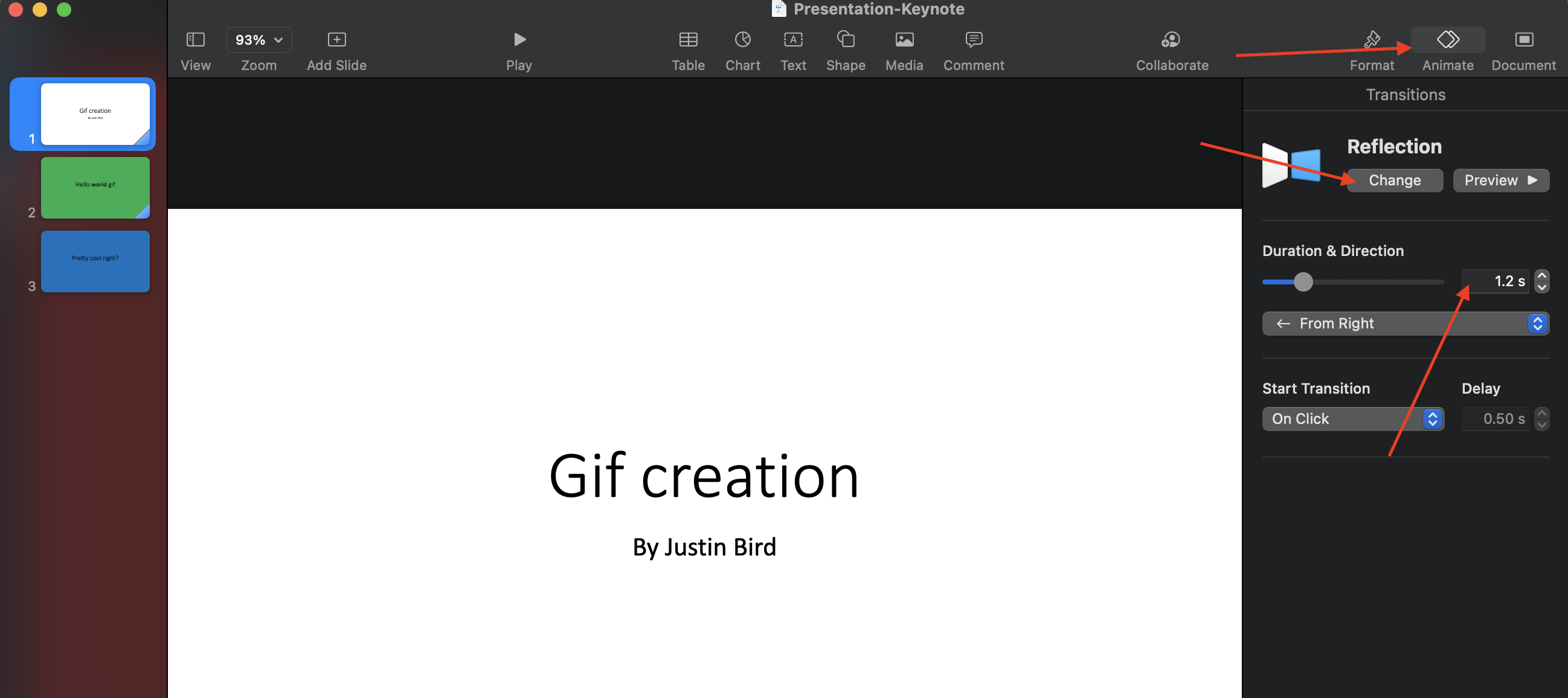 image shows the location of the animation pane which is to the right of the slide pane