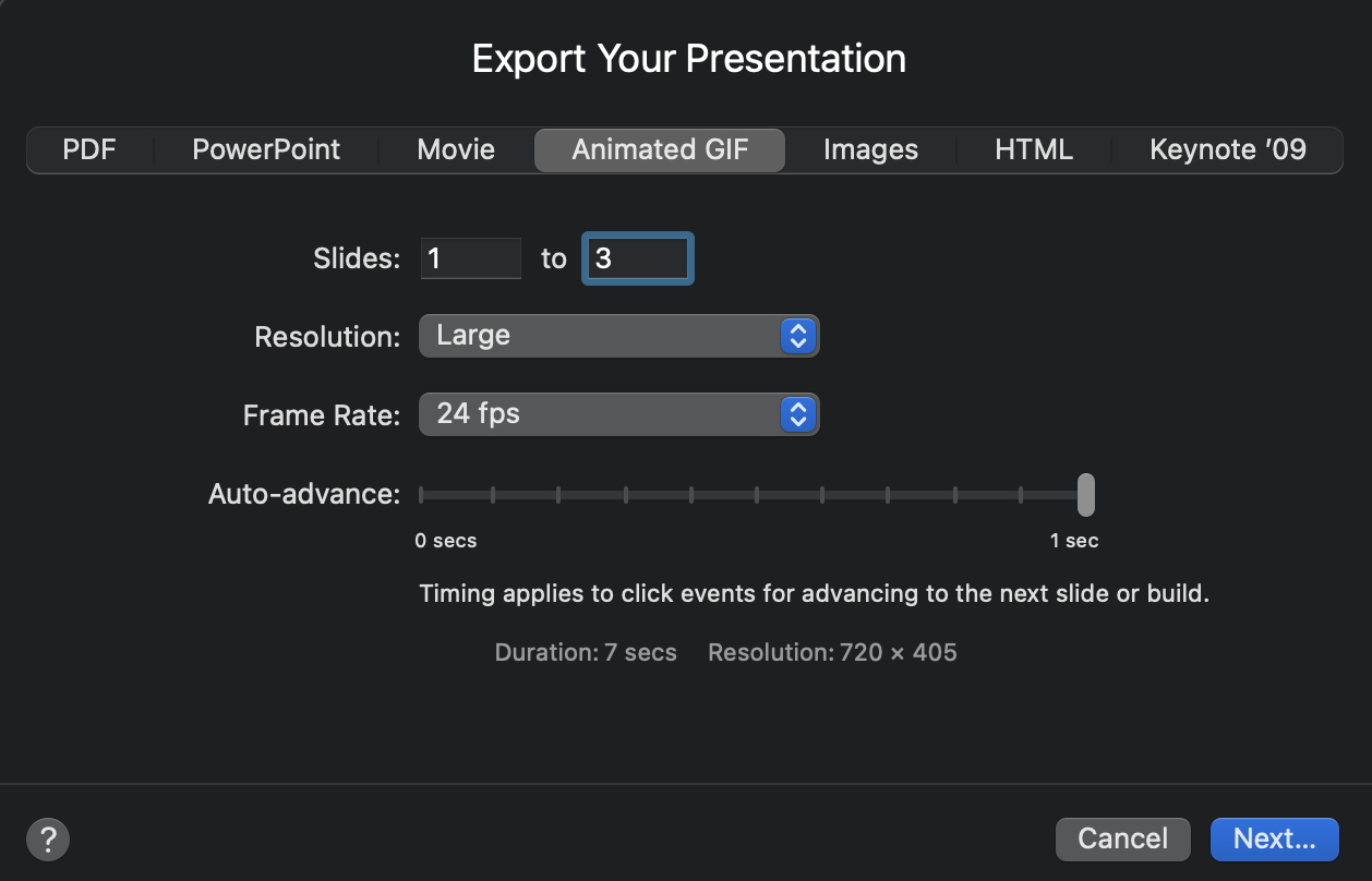 image shows are finalised settings where we will output slides 1 to 3, large resolution, 24 fps and 1 second auto-advance