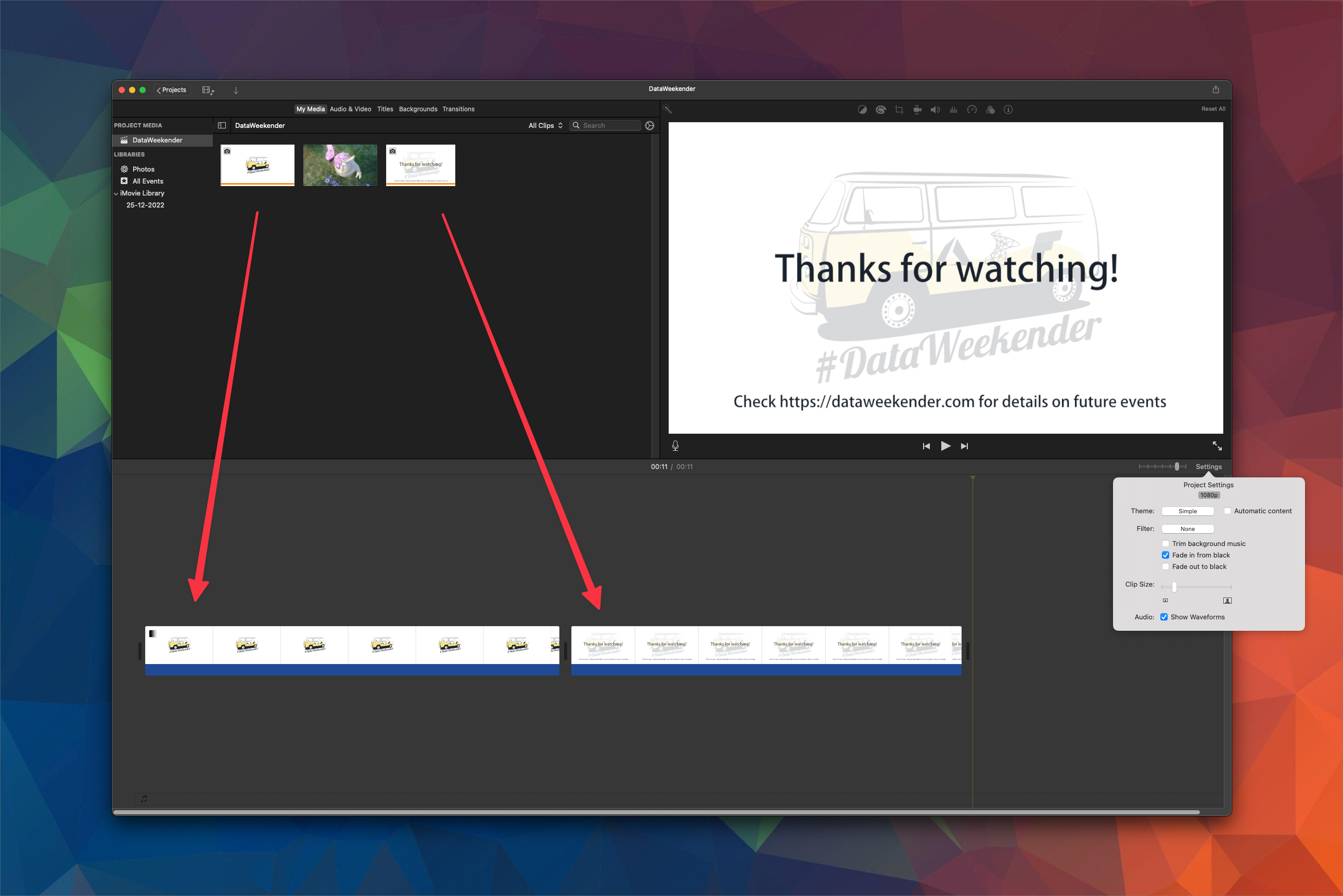 The intro and outro images are added to the timeline and drawn out for a set duration.