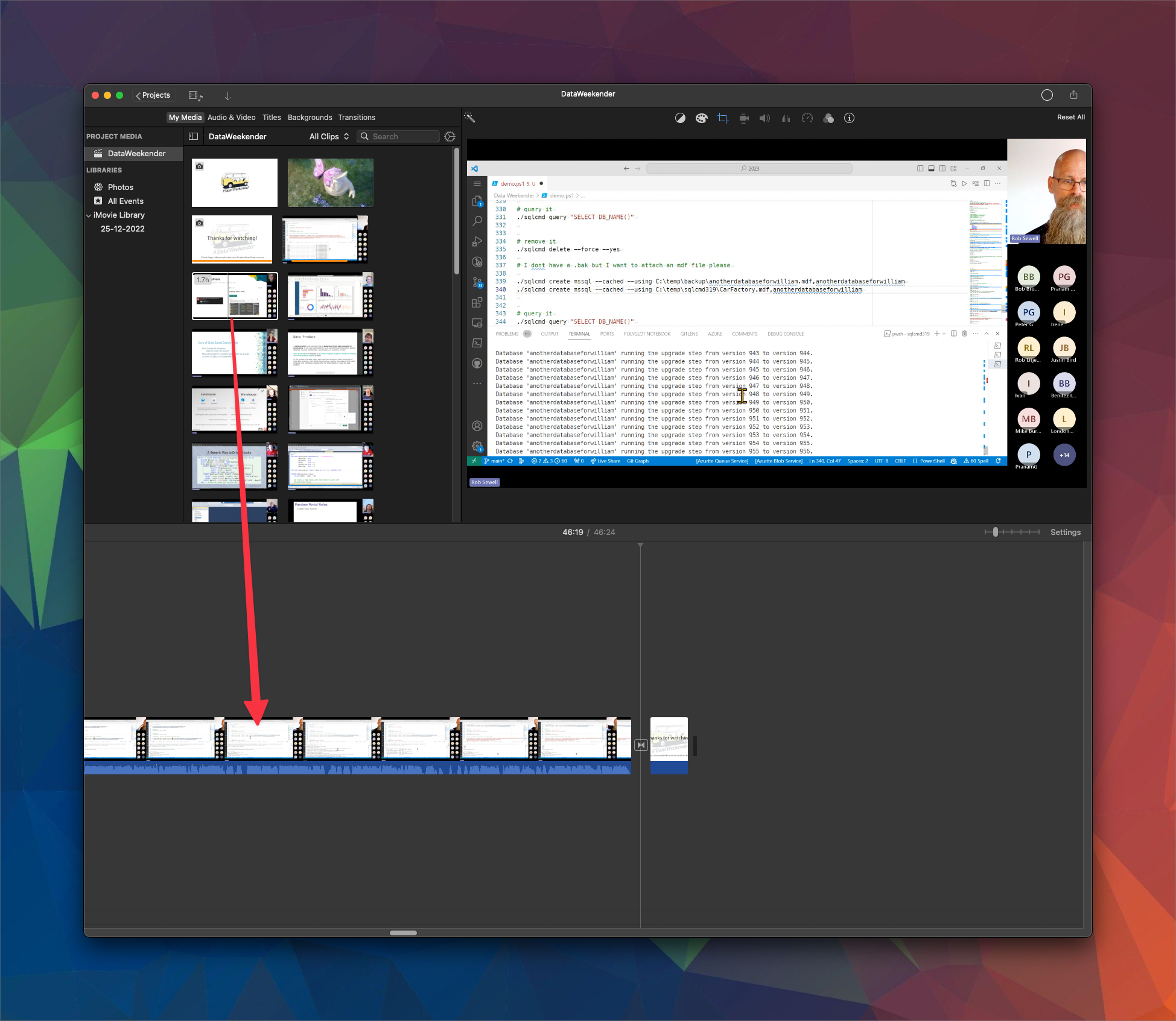 The recording is dragged into the timeline to replace the test video.