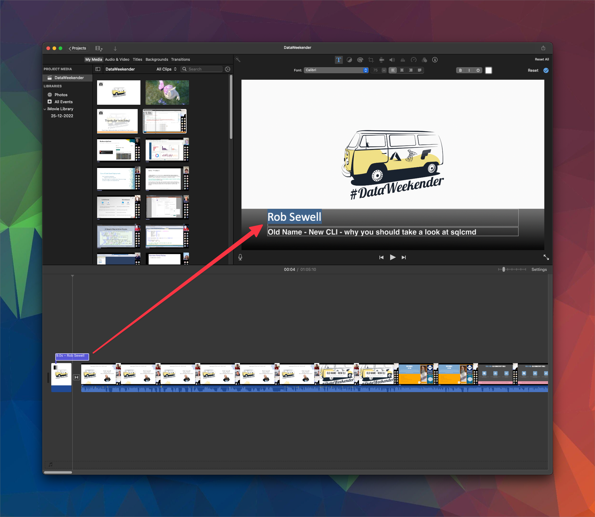 The title element is being updated with the speaker's name and talk title.