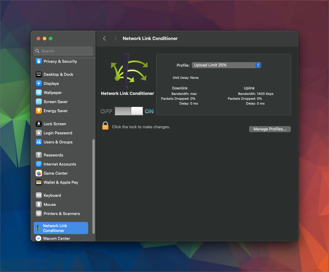 the system preferences pane showing the new extension, there is an on/off switch and a drop down to select the profile. The profile is set to bandwidth of 1400kps upload
