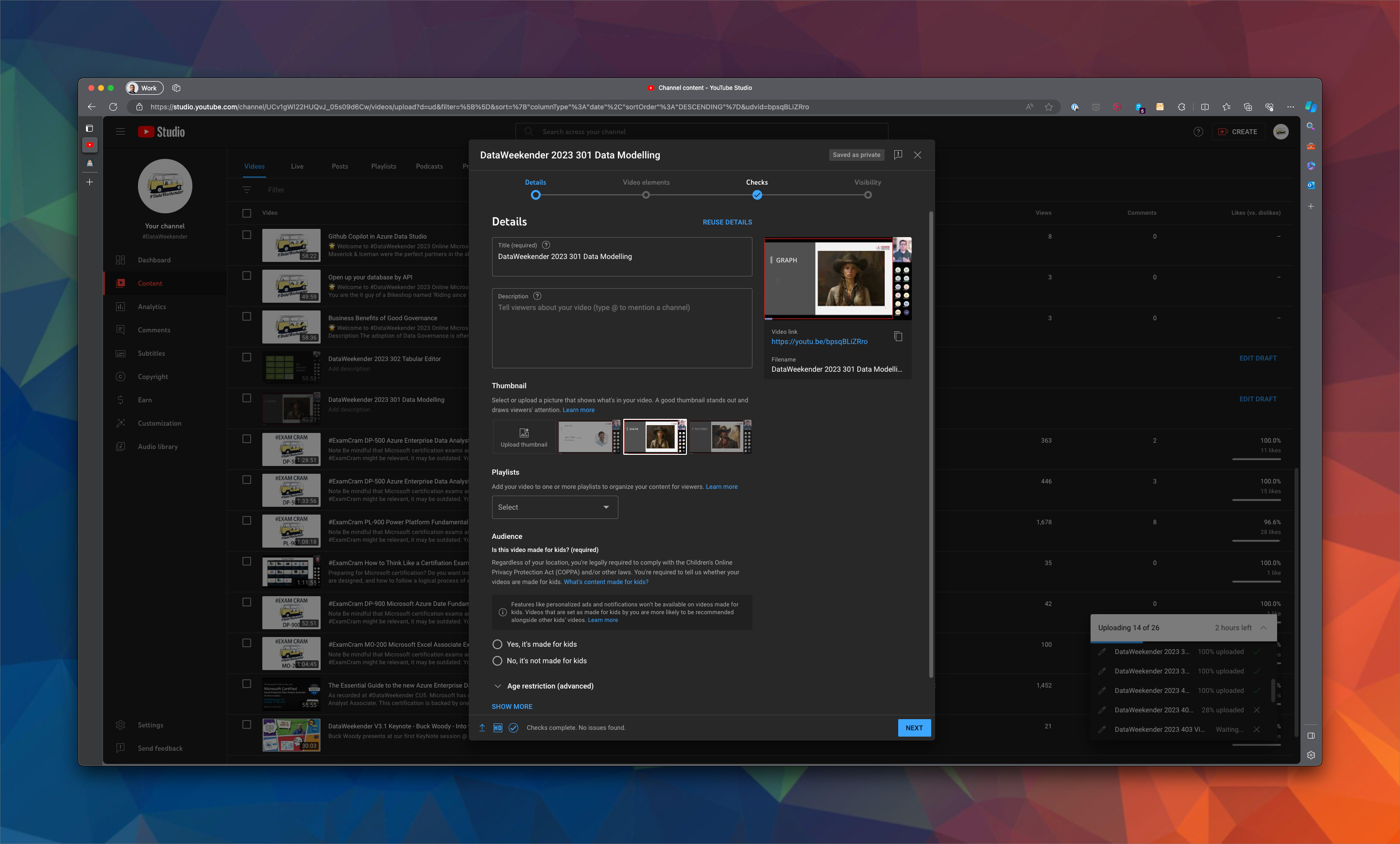 a screenshot of the edit panel, there are options to set the title, the description, the playlist, state whether the video was made specifically for kids, a thumbnail module.