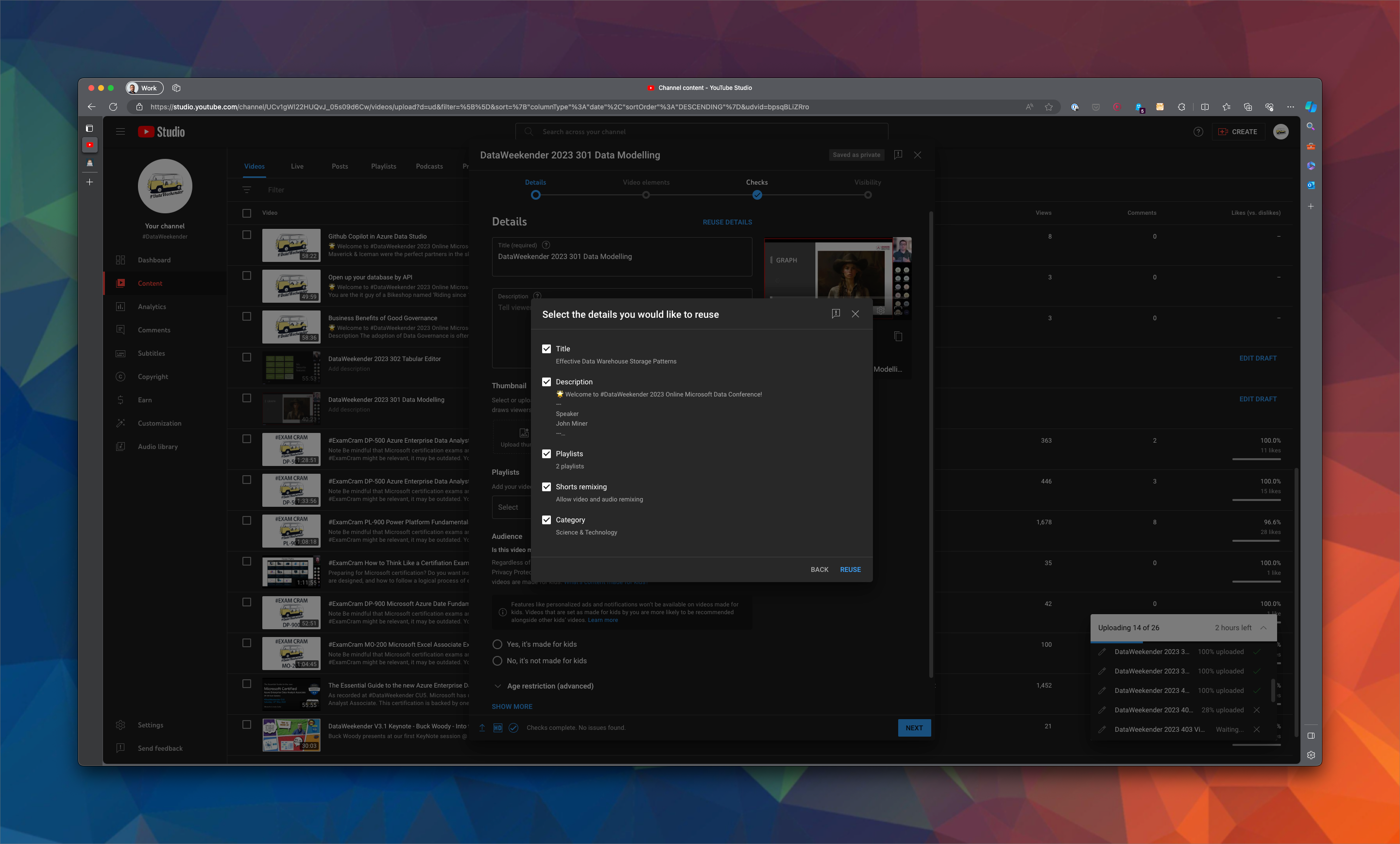 a screenshot of the reuse options, there are tick boxes for selecting to use the title, description, playlists, edit panel, there are options to set the title, the description, the playlists, shorts remixing, and category.