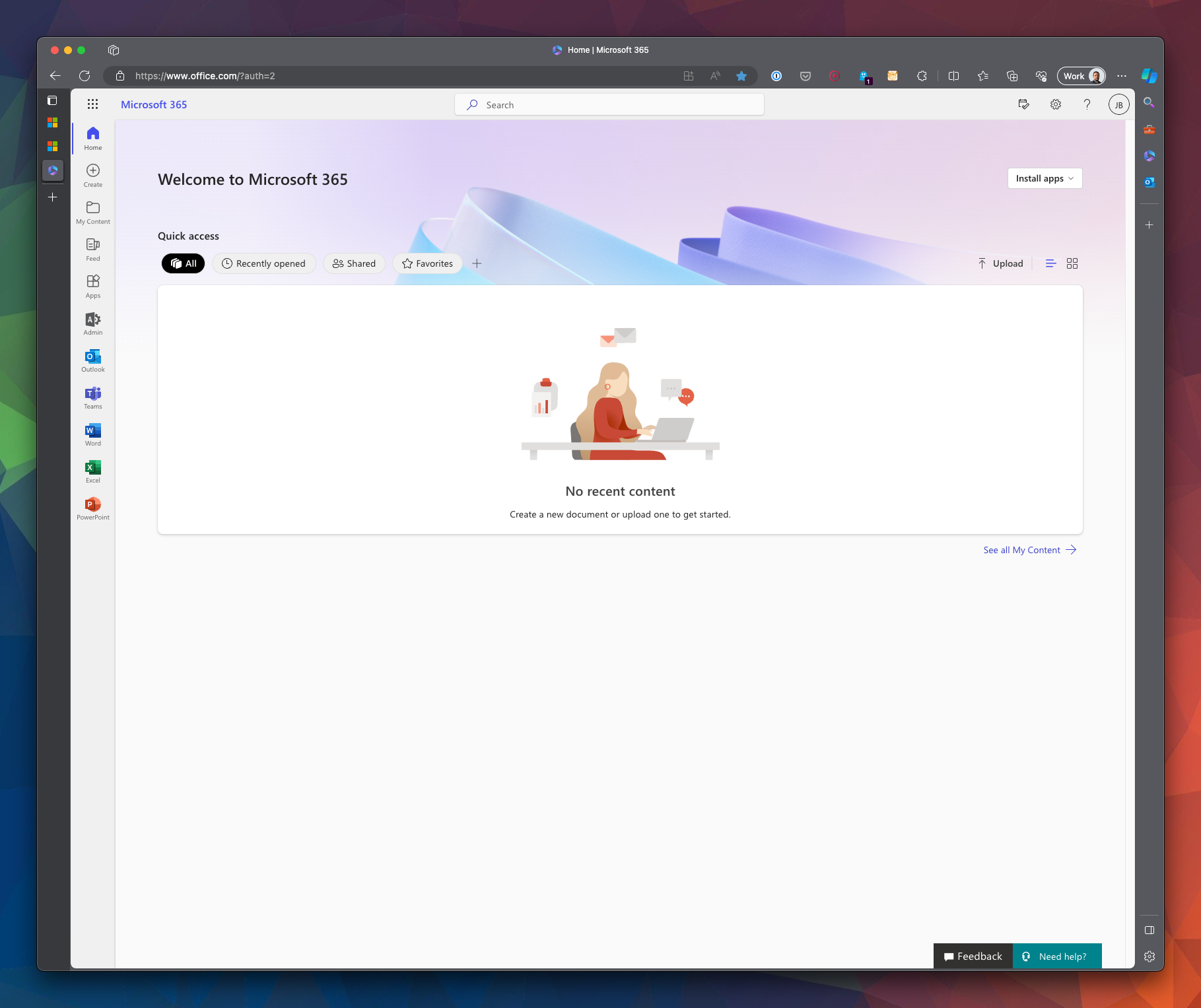 Shows the main page Microsoft 365 for my developer tenant.