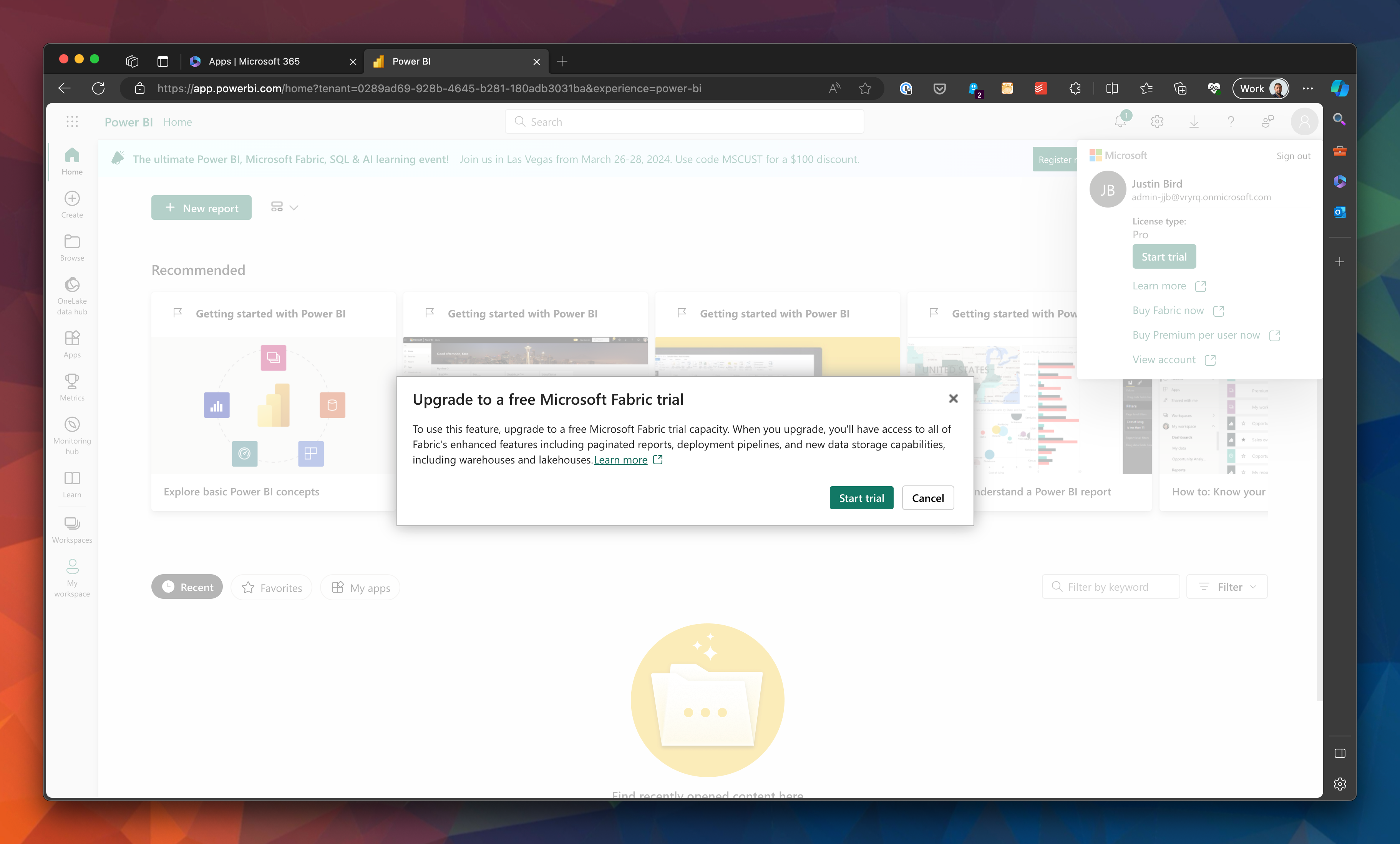 Shows a description that explains you are about to start a Fabric free trial.