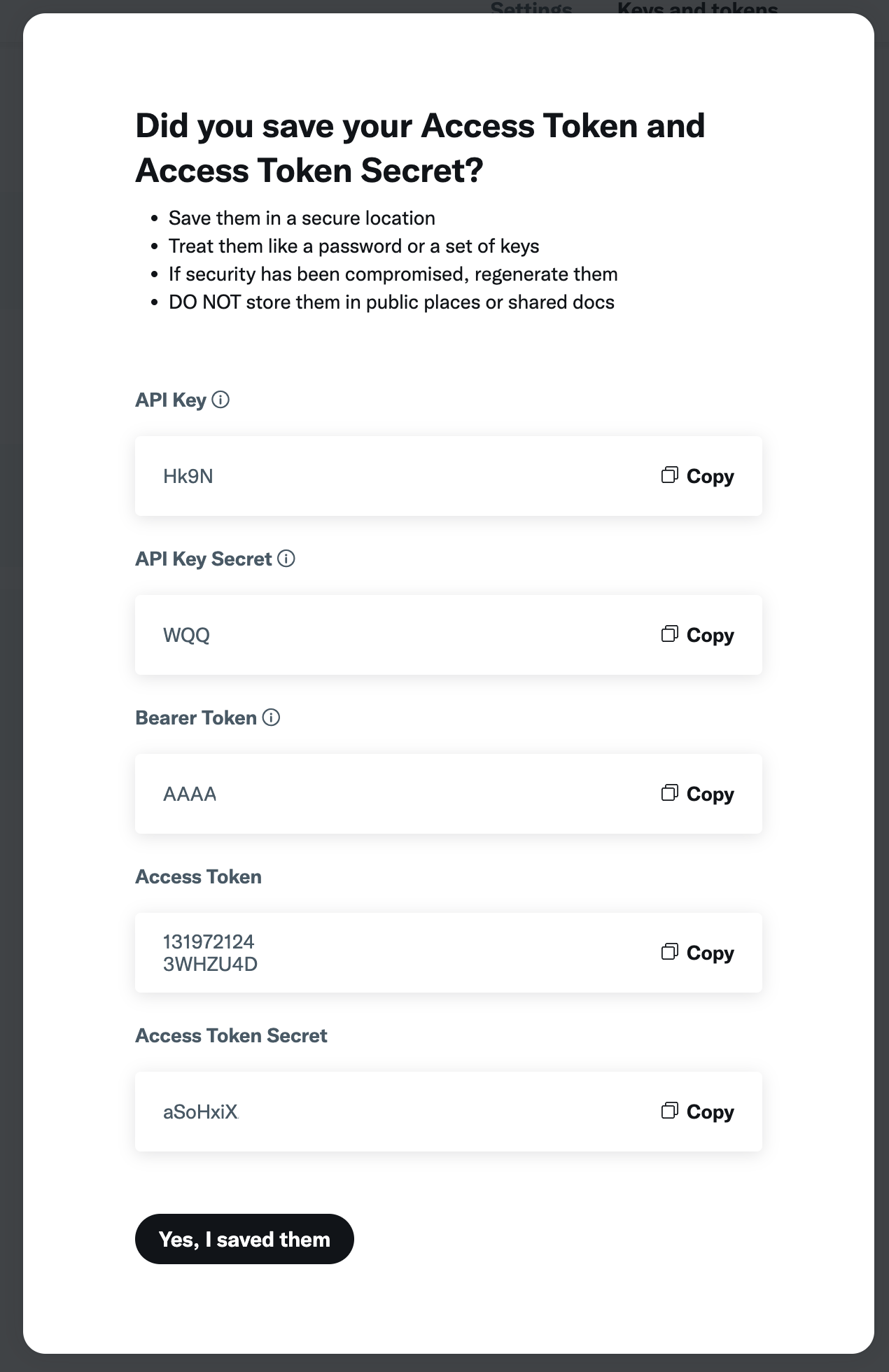 the image shows a screen showing all of your keys & secrets, the access token & access token secret have now been generated and added to the original three