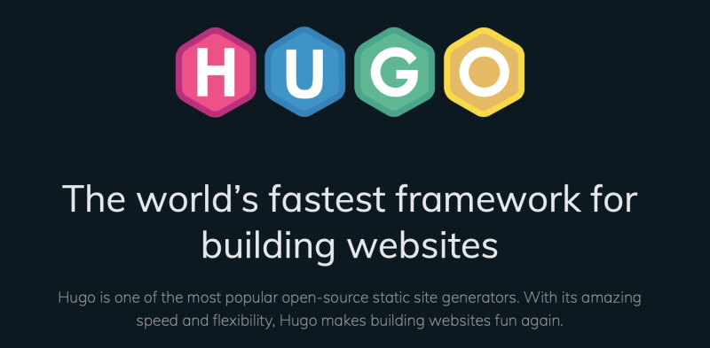the hugo logo, underneath it says 'the worlds fastest framework for building websites'