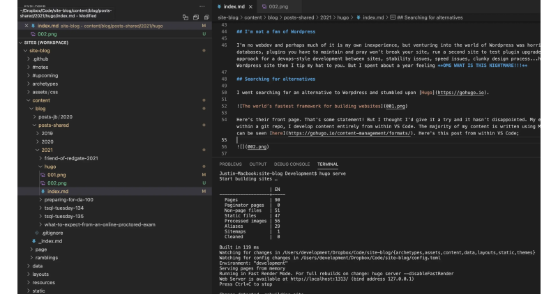 the screenshot shows this blog post open in vscode in markdown format
