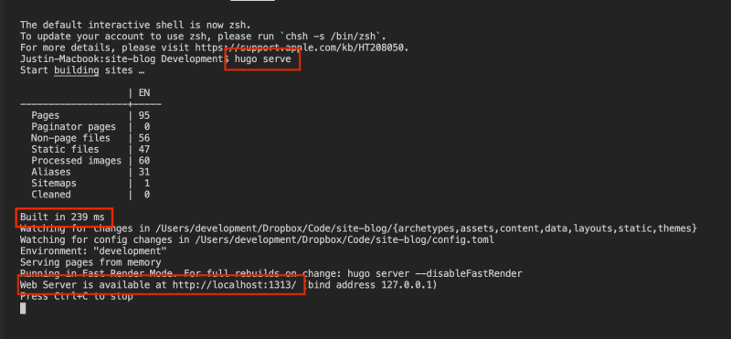The screenshot shows the output from terminal after running hugo serve, there is a table that shows metrics about how many items were built, it also shows that the site was built in 239ms and displays a URL to view the built website.