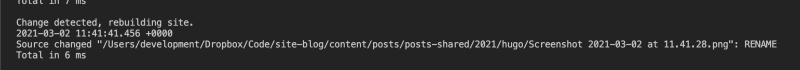 the screenshot shows a snippet from the terminal output, the output confirms that a change has been tracked, which file has been updated and a rebuilt time of 6ms