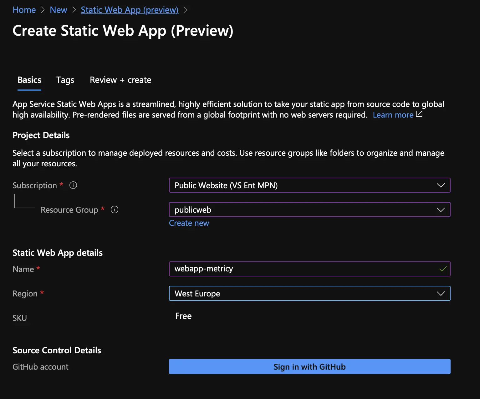 screenshot of the initial configuration of your webapp, which asks for the subscription, resource group, and region you want to create the webapp in, and also the name of the webapp