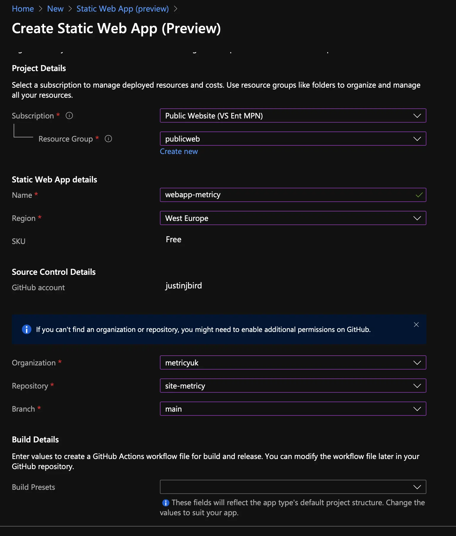 screenshot of the configuration page, once authorisation given, you can then select which organisation, repository and branch from github
