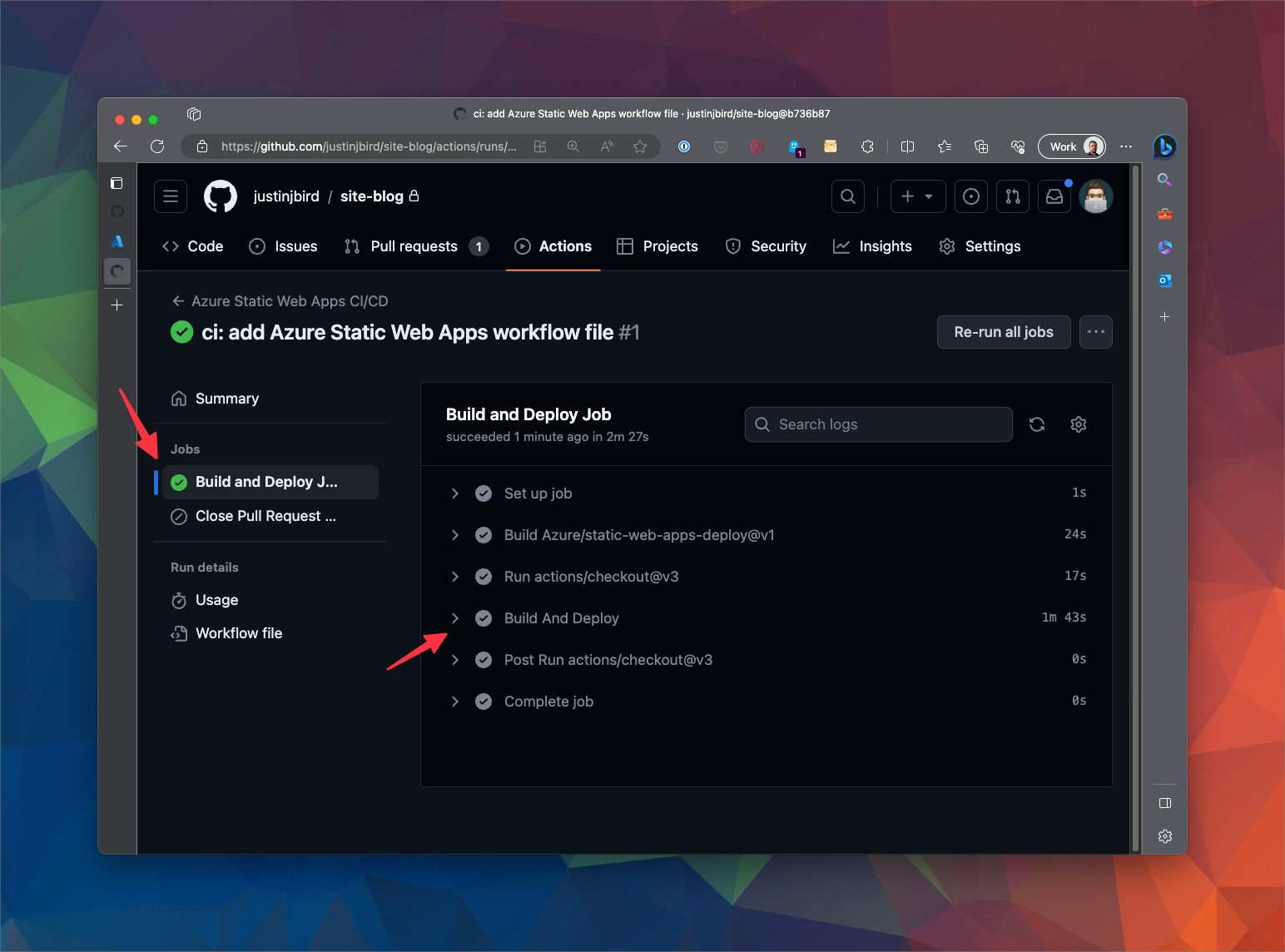 screenshot of the workflow activity details, the left pane shows a summary of each job and the right pane shows each step that has occurred as part of that job, each step has a tick next to it representing a completed step. There is an arrow next to each step meaning that you can expand the step to see the full logging details returned