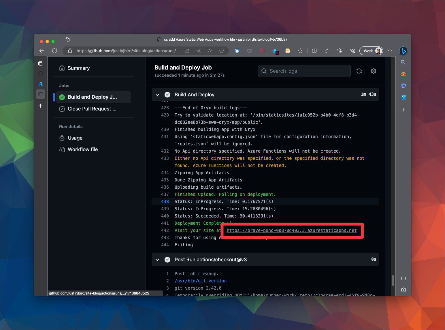 the final message in the step says 'deployment completed, visit your site at https://brave-pond-00870d403.3.azurestaticapps.net'