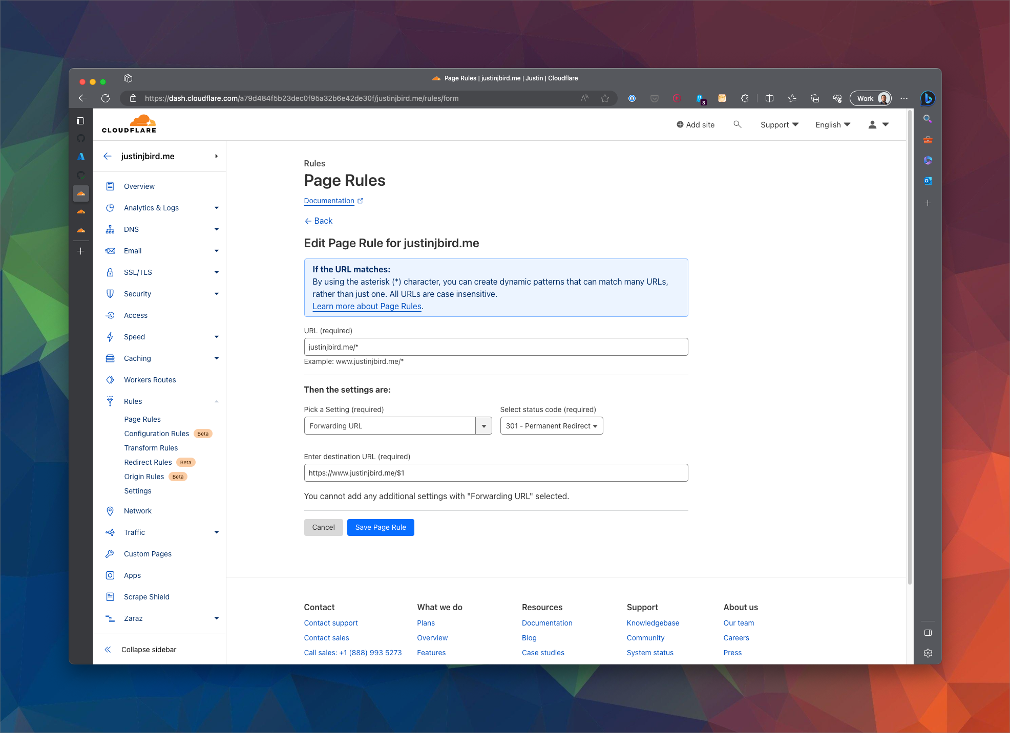 the page rules section displays a rule being created with the settings as described above