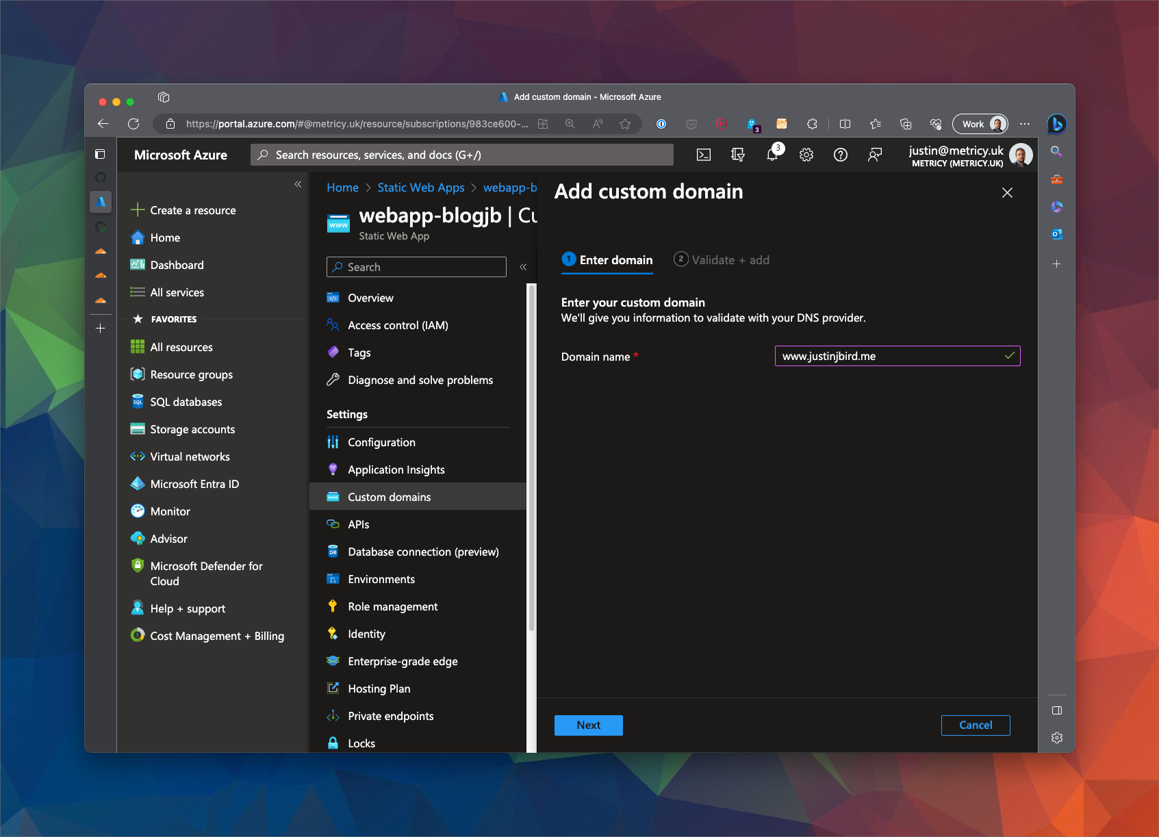 the custom domain section of the webapp is open in the azure portal, www.justinjbird.com has been entered as the domain name