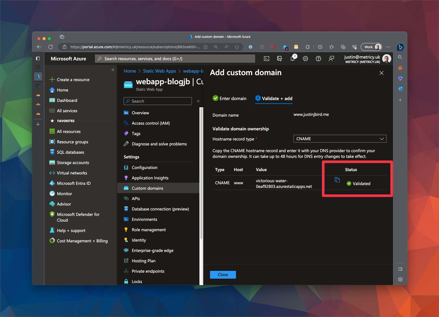 the final page of the custom domain configuration shows the CNAME record with a green tick meaning that the check has been completed and the CNAME record has been validated