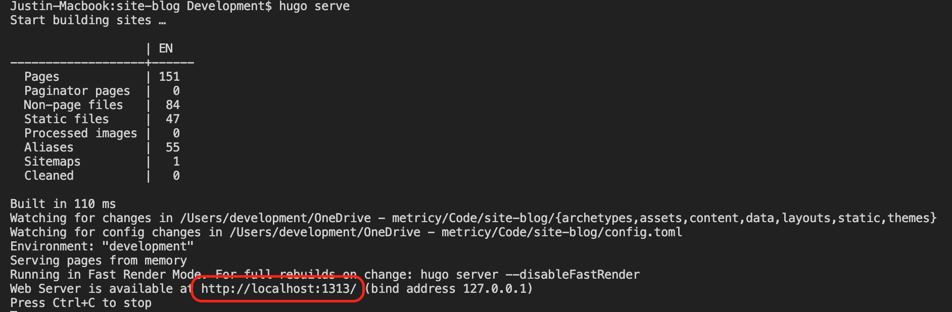 the site URL is shown in the terminal window and you can click it from there