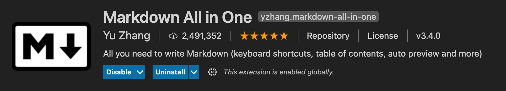 image shows markdown all in one extension for vs code
