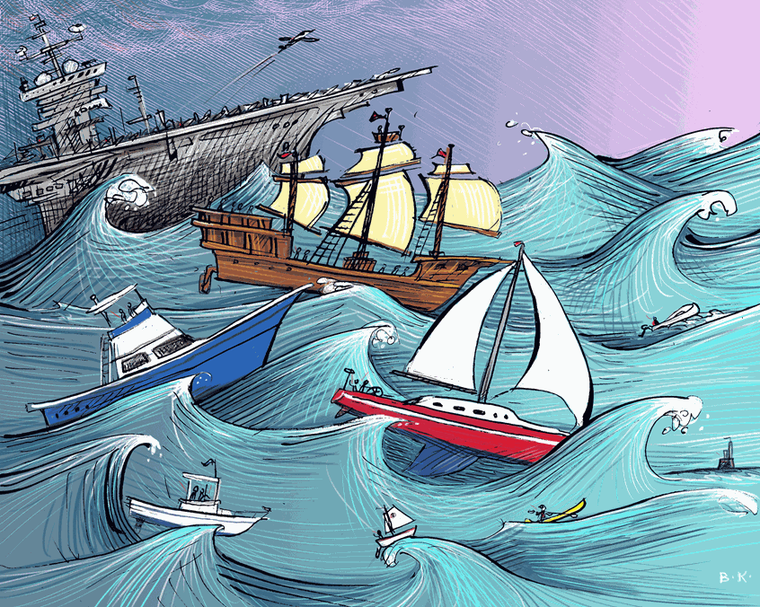 Illustration by Barbara Kelley depicting the 'same storm, different boats' metaphor - image from Damian Barr's website