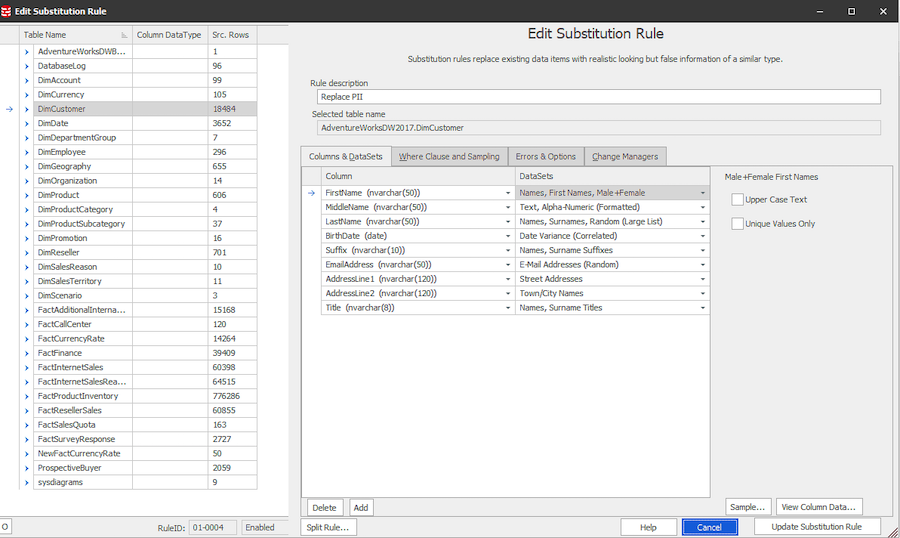 the substitution rule page shows all columns from the specific table, against each column a dataset type has been set, these settings will results in predefined substitutions being applied.