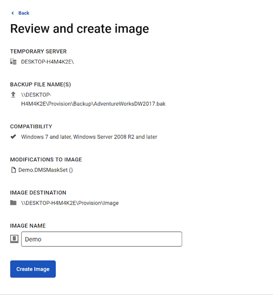the image settings are displayed showing which backup file has been used, the compatibility and the backup file location