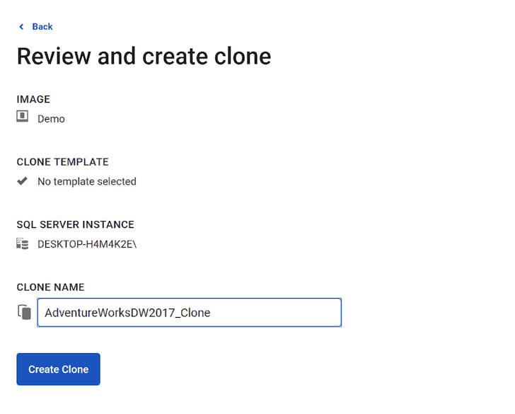 the screenshot shows the create clone interface, the demo image has been selected, you are asked to set a name for the clone.