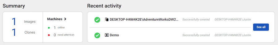 the clone dashboard now shows one created clone based on the image