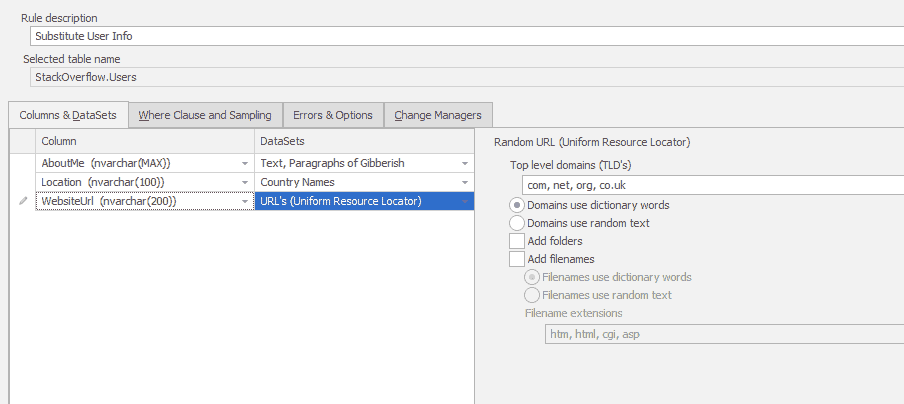shows the url being adjusted, options are top level domain options, whether domains are real words or random text, and whether to add folders and filenames to the urls.