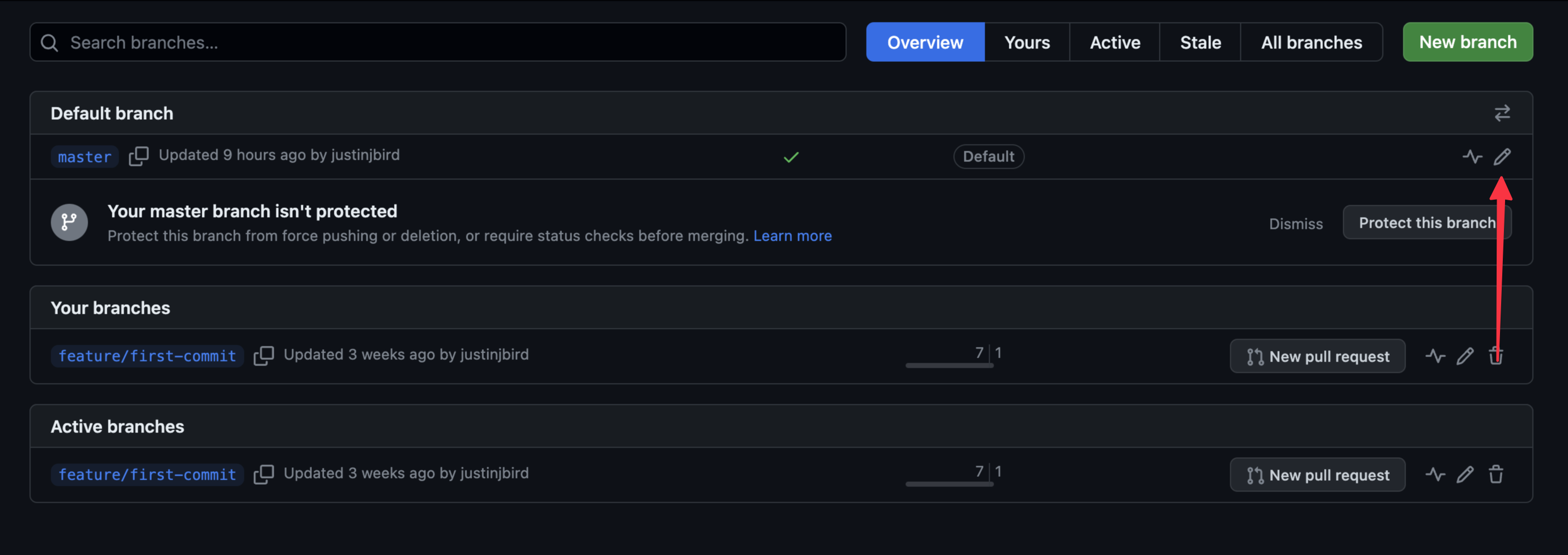 the next screen shows the branch list, to the right of the master branch is a pencil which allows you to edit the branch name