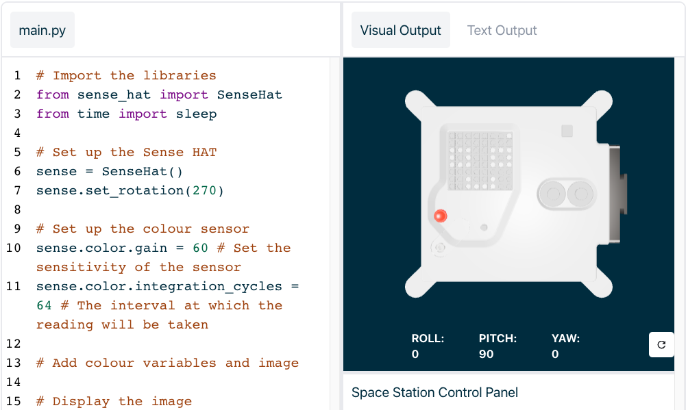 The image shows the console used to program the Astro Pi. On the left is some of the python code and on the right is an emulator of the 8x8 display grid.