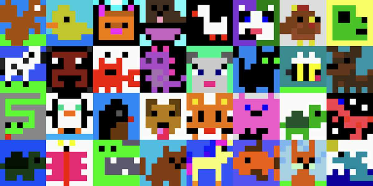 A collage of many 8x8 images, things like ducks, cats, aliens, tigers and more!