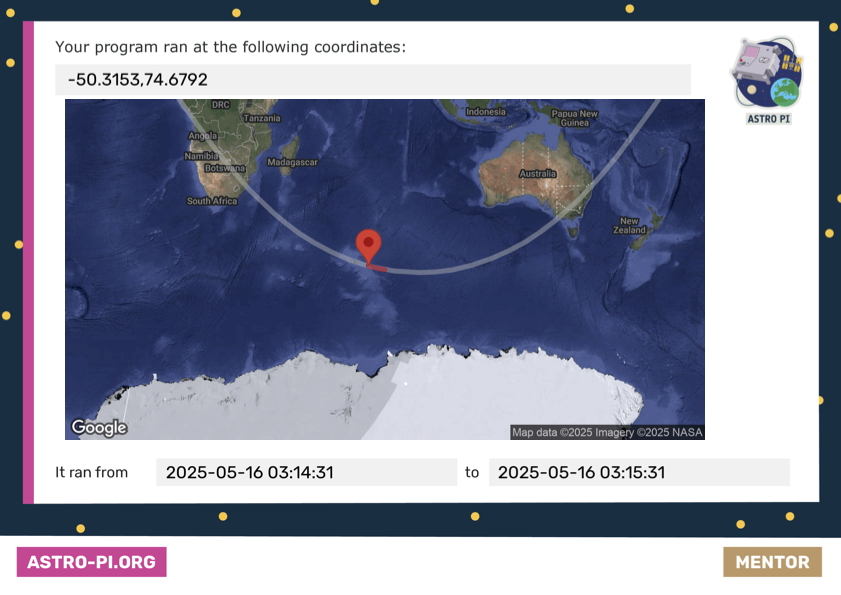 One of the certificates received. The back of the certificate shows the coordinates and time of when the program was run.