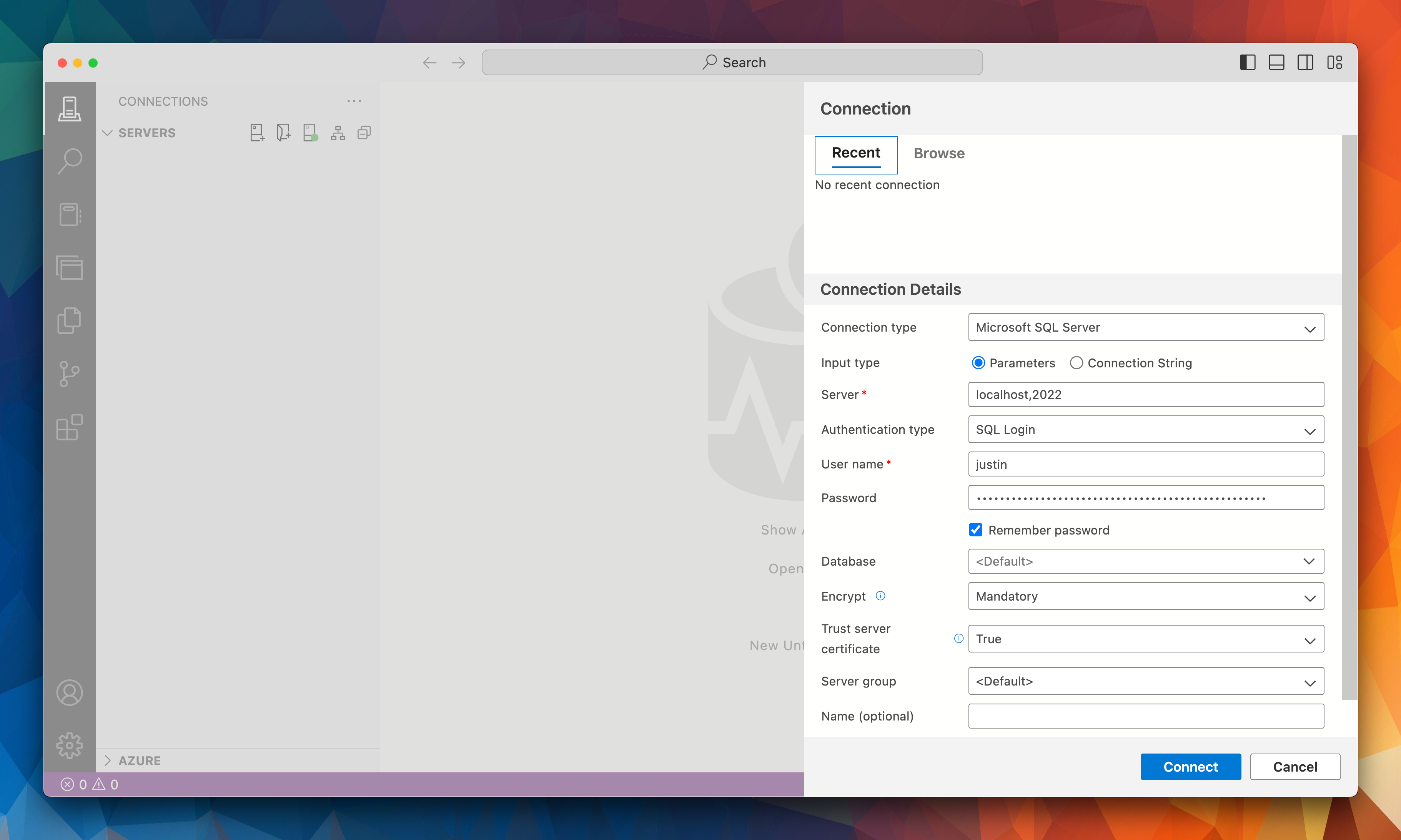 Screenshot shows Active Directory connection panel open with localhost set and user name and password entered.