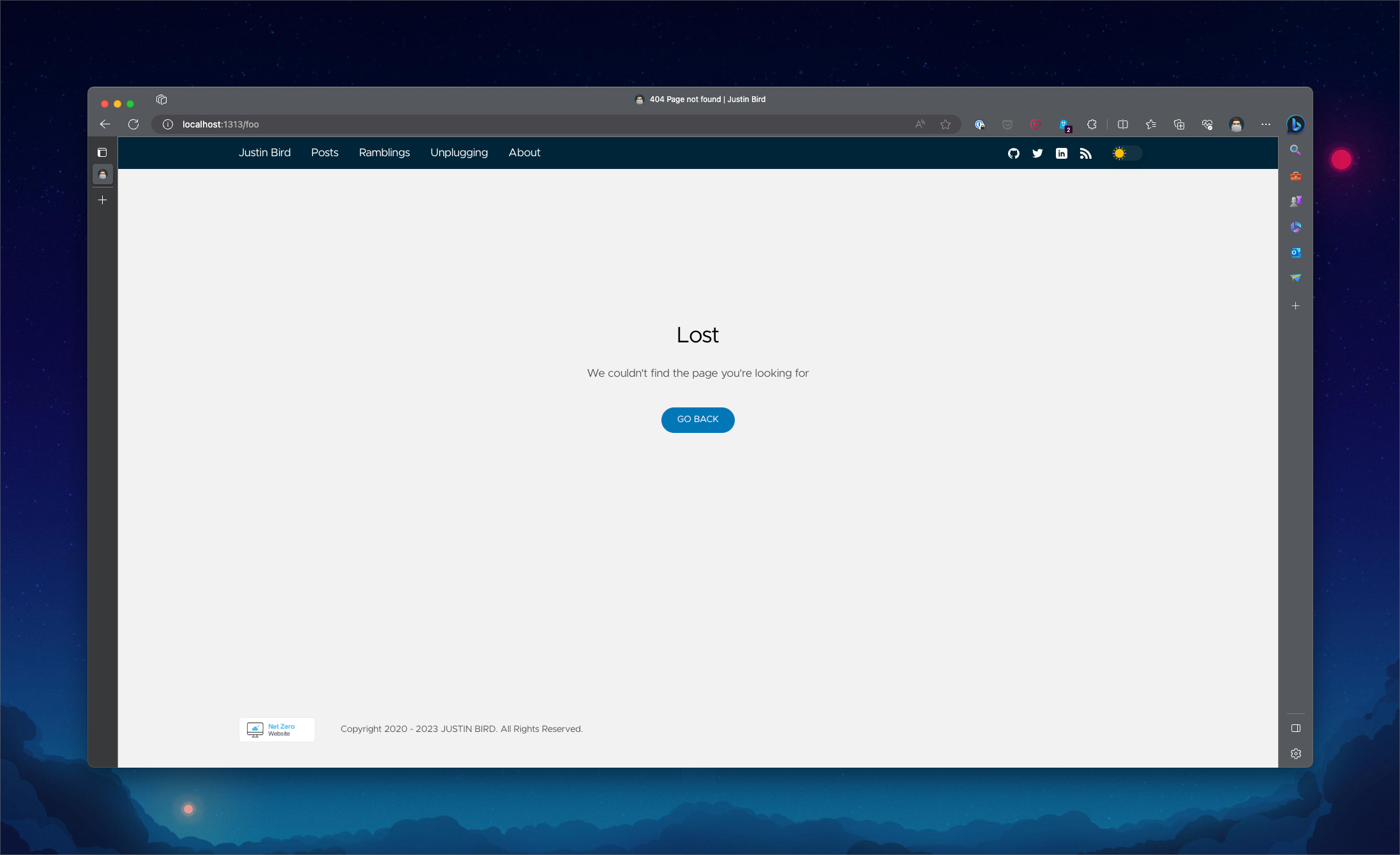 image shows a 404 page in the style of my site, it says 'Lost...We couldn't find the page you're looking for and a button saying GO BACK.